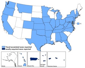 The states in blue have reported a case of the Zika virus 