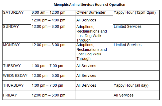 Memphis Animal Services  Hours of Operation