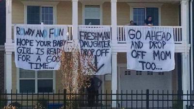 Banners up at off-campus house near ODU. (WTKR)
