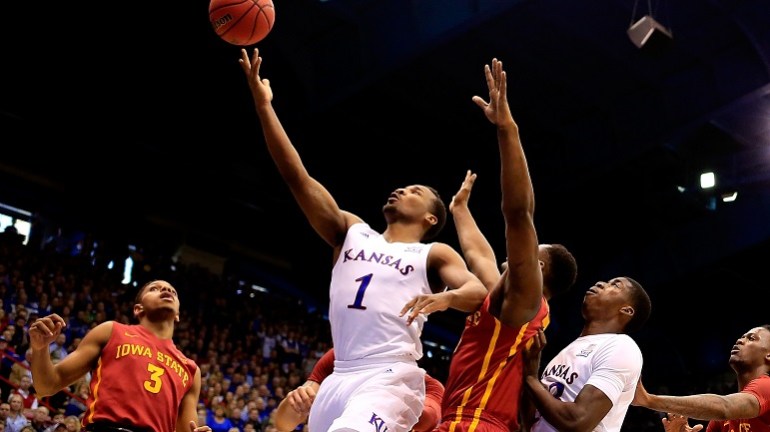 Wayne Selden Jr. #1 of the Kansas Jayhawks scores on a fast break during the game against the Iowa State Cyclones at Allen Fieldhouse on March 5, 2016 in Lawrence, Kansas. (Photo by Jamie Squire/Getty Images)
