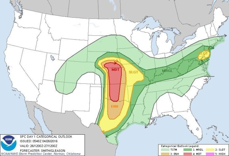Tuesday afternoon could prove dangerous for parts of the Midwestern and Southern United States with the possibility of strong tornadoes and hail larger than baseballs in the worst-affected areas.
