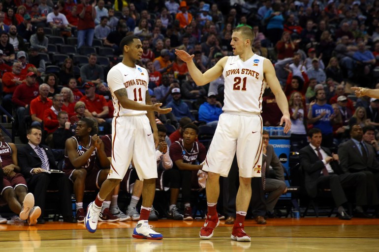 DENVER, CO - MARCH 19: Monte Morris #11 of the Iowa State Cyclones celebrates with teammate Matt Thomas #21 in the first half against the Arkansas Little Rock Trojans during the second round of the 2016 NCAA Men's Basketball Tournament at the Pepsi Center on March 19, 2016 in Denver, Colorado. (Photo by Justin Edmonds/Getty Images)