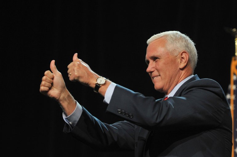DES MOINES, IA - AUGUST 5 : GOP Vice Presidential candidate, Indiana Governor Mike Pence greets the crown prior to a speech by Republican Presidential Candidate Donald Trump speaks at a rally at the Iowa Events Center in Des Moines, Iowa on Friday August, 5, 2016. (Photo by Steve Pope/Getty Images)