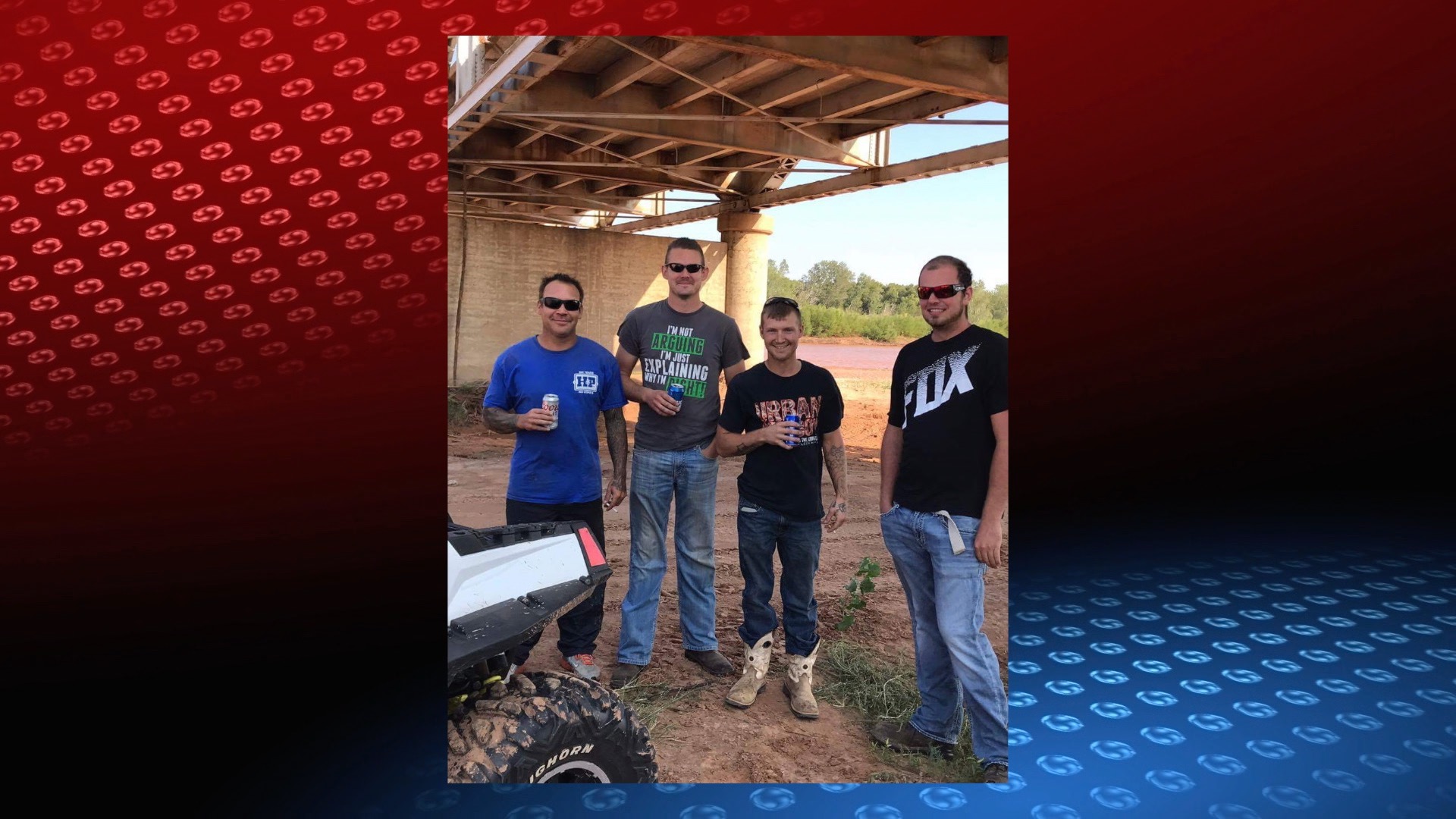 Jackie Davis, James White, Josh Norgart, and Kyle Swets celebrate the rescue from the mud by going 4 wheeling. ( Photo Courtesy: Ali Davis)