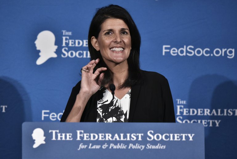 South Carolina Governor Nikki Haley speaks during the 2016 National Lawyers Convention sponsored by the Federalist Society in Washington, DC on November 18, 2016. / AFP / Mandel Ngan (Photo credit should read MANDEL NGAN/AFP/Getty Images)