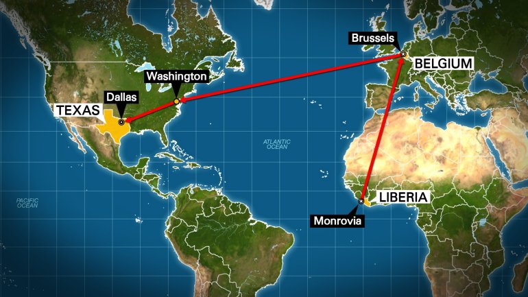 Thomas Eric Duncan, America's first diagnosed Ebola victim, flew from Monrovia, Liberia to Brussels, Belgium on Sept. 19, 2014. From Belgium he flew to Washington, D.C., then on to Dallas, Texas arriving on Sept. 20, 2014.