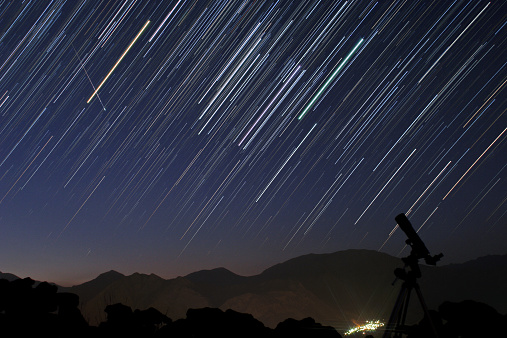 Long-exposure of a meteor going through the constellation Orion during the Perseids meteor shower.