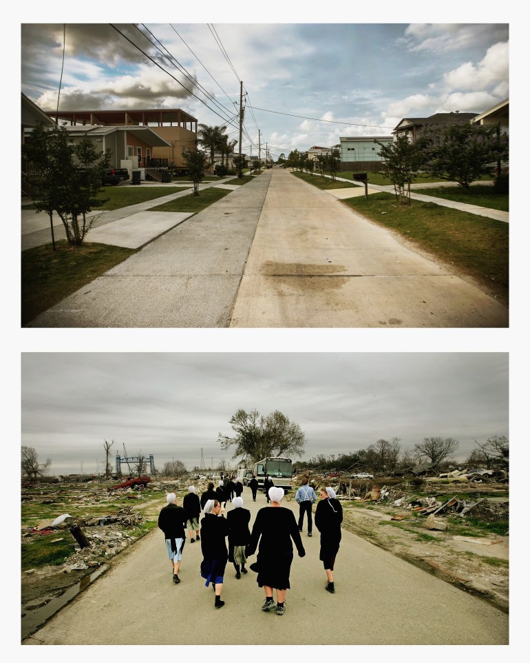 TOP PHOTO: NEW ORLEANS, LA - MAY 16, 2015: New homes stand in a development built by the Make it Right Foundation for residents whose homes were destroyed in the Lower Ninth Ward on May 16, 2015 in New Orleans, Louisiana. (Photo by Mario Tama/Getty Images) BOTTOM PHOTO: NEW ORLEANS, LA - FEBRUARY 24, 2006: A group of Amish student volunteers tour the devastated Ninth Ward February 24, 2006 in New Orleans, Louisiana. (Photos by Mario Tama/Getty Images)
