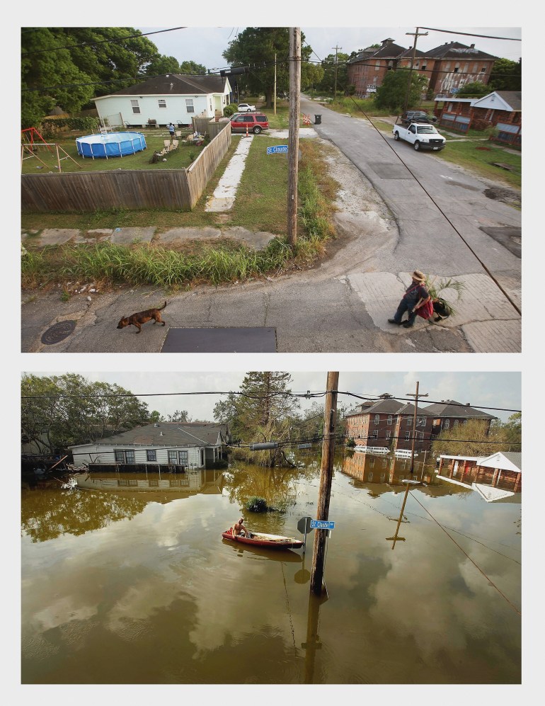 TOP PHOTO: NEW ORLEANS, LA - MAY 16, 2015: A woman walks with a dog in the Lower Ninth Ward on May 16, 2015 in New Orleans, Louisiana. The tenth anniversary of Hurricane Katrina, which killed at least 1,836 people and is considered the costliest natural disaster in U.S. history, is August 29. (Photo by Mario Tama/Getty Images) BOTTOM PHOTO: NEW ORLEANS - AUGUST 31, 2005: A man rides in a canoe in high water after Hurricane Katrina devastated the area August 31, 2005 in New Orleans, Louisiana. Devastation is widespread throughout the city with water approximately 12 feet high in some areas. Hundreds are feared dead and thousands were left homeless in Louisiana, Mississippi, Alabama and Florida by the storm. (Photo by Mario Tama/Getty Images)