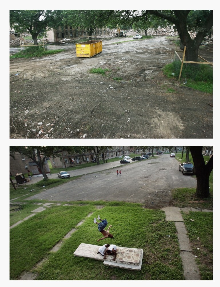 TOP PHOTO: NEW ORLEANS, LA - MAY 12, 2015: Rubble remains at the forner B.W. Cooper housing projects on May 12, 2015 in New Orleans, Louisiana. The low-income housing development, which was plagued by crime, has been replaced by two-story, townhouse-style buildings. The city has revamped its major housing projects following Katrina. The tenth anniversary of Hurricane Katrina, which killed at least 1,836 people and is considered the costliest natural disaster in U.S. history, is August 29. (Photo by Mario Tama/Getty Images) BOTOM PHOTO: NEW ORLEANS, LA - JUNE 10, 2007: B.W. Cooper housing project residents practice flips using mattresses June 10, 2007 in New Orleans, Louisiana. The project is lacking in recreational areas. Before Hurricane Katrina, B.W. Cooper held about 1,000 families and was the city's largest housing project, but it is now more than 80 percent empty. Around 10,000 public housing residents in New Orleans have been unable to return to their apartments because of storm damage. The U.S. Department of Housing and Urban Development plans to tear down B.W. Cooper and other major New Orleans housing projects and replace them with mixed income developments. (Photo by Mario Tama/Getty Images)