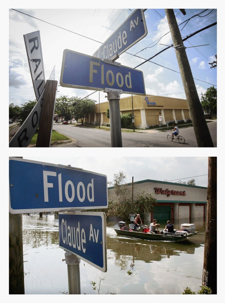 TOP PHOTO: NEW ORLEANS, LA - MAY 18, 2015: A man bikes past the corner of Flood Street and St. Claude Avenue in the Lower Ninth Ward on May 18, 2015 in New Orleans, Louisiana. The tenth anniversary of Hurricane Katrina, which killed at least 1836 and is considered the costliest natural disaster in U.S. history, is August 29. (Photo by Mario Tama/Getty Images) BOTTOM PHOTO: NEW ORLEANS, LA - AUGUST 31, 2005: Men ride in a boat in high water past Flood Street after Hurricane Katrina devastated the area August 31, 2005 in New Orleans, Louisiana. Devastation is widespread throughout the city with water approximately 12 feet high in some areas. Hundreds are feared dead and thousands were left homeless in Louisiana, Mississippi, Alabama and Florida by the storm. (Photo by Mario Tama/Getty Images)