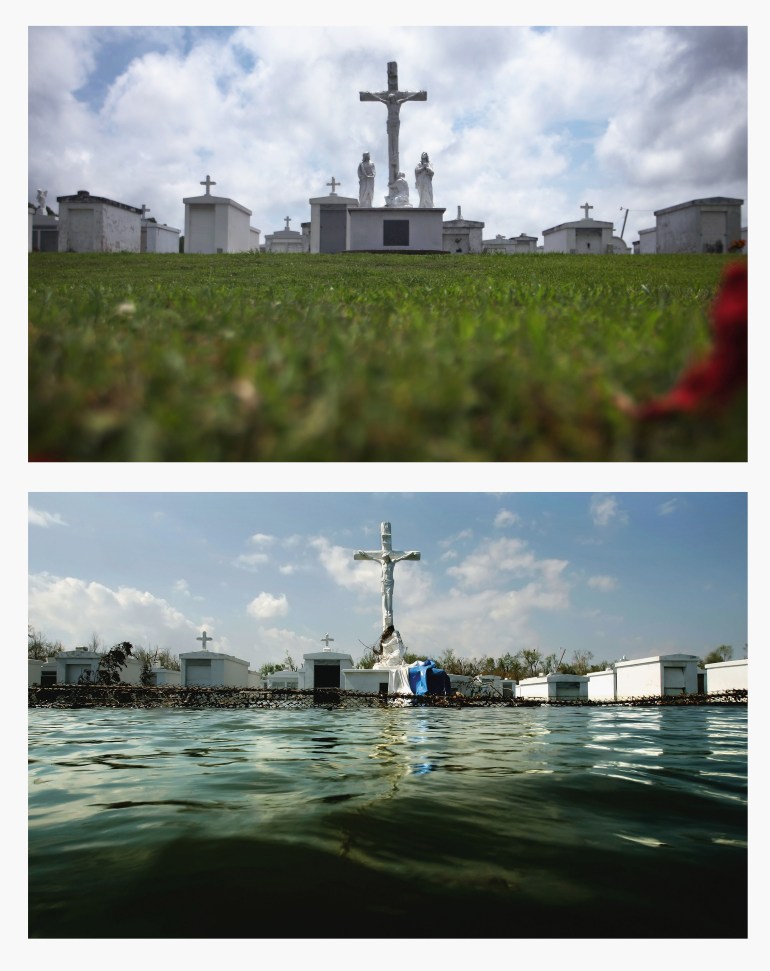 TOP PHOTO: PORT SULPHUR, LA - MAY 16, 2015: The cemetery outside Saint Patrick's Church stands in Plaquemines Parish on May 16, 2015 in Port Sulphur, Louisiana. The tenth anniversary of Hurricane Katrina, which killed at least 1836 and is considered the costliest natural disaster in U.S. history, is August 29. (Photo by Mario Tama/Getty Images) BOTTOM PHOTO: PORT SULPHUR, LA - SEPTEMBER 11, 2005: Water floods an above-ground cemetery outside Saint Patrick's Church in Plaquemines Parish September 11, 2005 in Port Sulphur, Louisiana. (Photos by Mario Tama/Getty Images)
