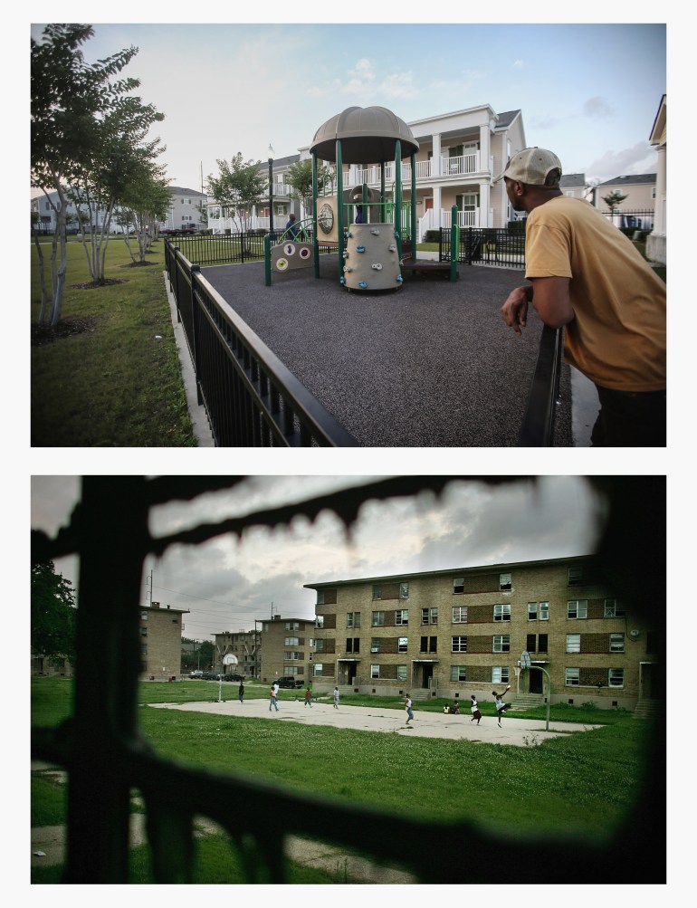 TOP PHOTO: NEW ORLEANS, LA - MAY 17, 2015: A resident stands in the Marrero Commons housing development, at the location where a B.W. Cooper housing project basketball court once stood, on May 17, 2015 in New Orleans, Louisiana. The low-income housing development, which was plagued by crime, has been replaced by two-story, townhouse-style buildings. The city has revamped its major housing projects following Katrina. The tenth anniversary of Hurricane Katrina, which killed at least 1,836 people and is considered the costliest natural disaster in U.S. history, is August 29. (Photo by Mario Tama/Getty Images) BOTTOM PHOTO: NEW ORLEANS, LA - JUNE 07, 2007: B.W. Cooper housing project residents play basketball in front of storm damaged apartments in the complex June 7, 2007 in New Orleans, Louisiana. Before Hurricane Katrina, B.W. Cooper held about 1,000 families and was the city's largest housing project, but it is now more than 80 percent empty. Around 10,000 public housing residents in New Orleans have been unable to return to their apartments because of storm damage. The U.S. Department of Housing and Urban Development plans to tear down B.W. Cooper and other major New Orleans housing projects and replace them with mixed income developments. (Photo by Mario Tama/Getty Images)