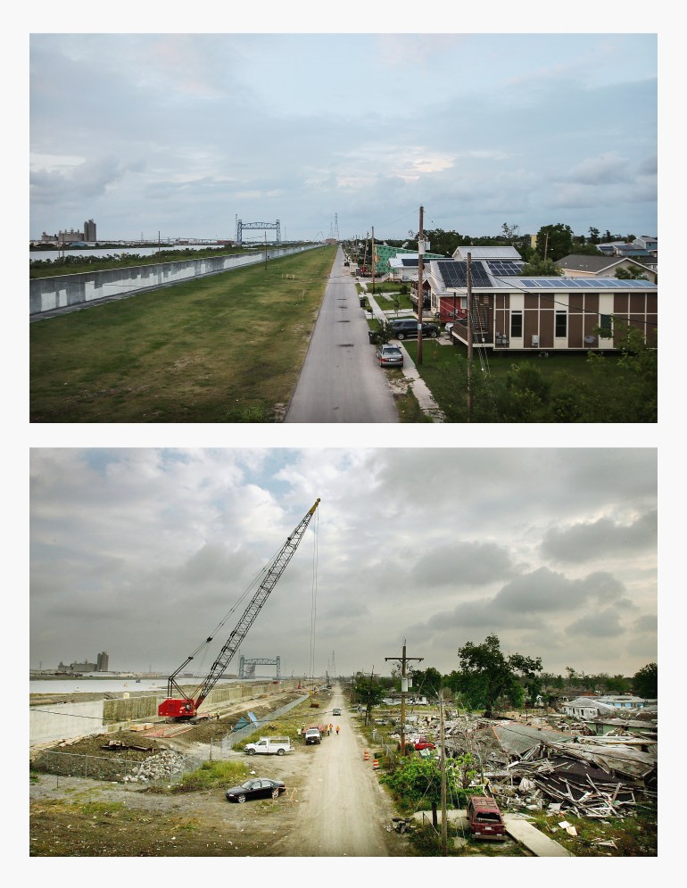 TOP PHOTO: NEW ORLEANS, LA - MAY 16, 2015: New homes stand along the rebuilt Industrial Canal levee in the Lower Ninth Ward on May 16, 2015 in New Orleans, Louisiana. The tenth anniversary of Hurricane Katrina, which killed at least 1836 and is considered the costliest natural disaster in U.S. history, is August 29. (Photo by Mario Tama/Getty Images) BOTTOM PHOTO: NEW ORLEANS, LA - APRIL 25, 2006: Workers rebuild the levee which was breached by Hurricane Katrina along the Industrial Canal in the Lower Ninth Ward April 25, 2006 in New Orleans, Louisiana. Repair work on the New Orleans levees is scheduled to be finished in time for the start of hurricane season June 1. (Photo by Mario Tama/Getty Images)