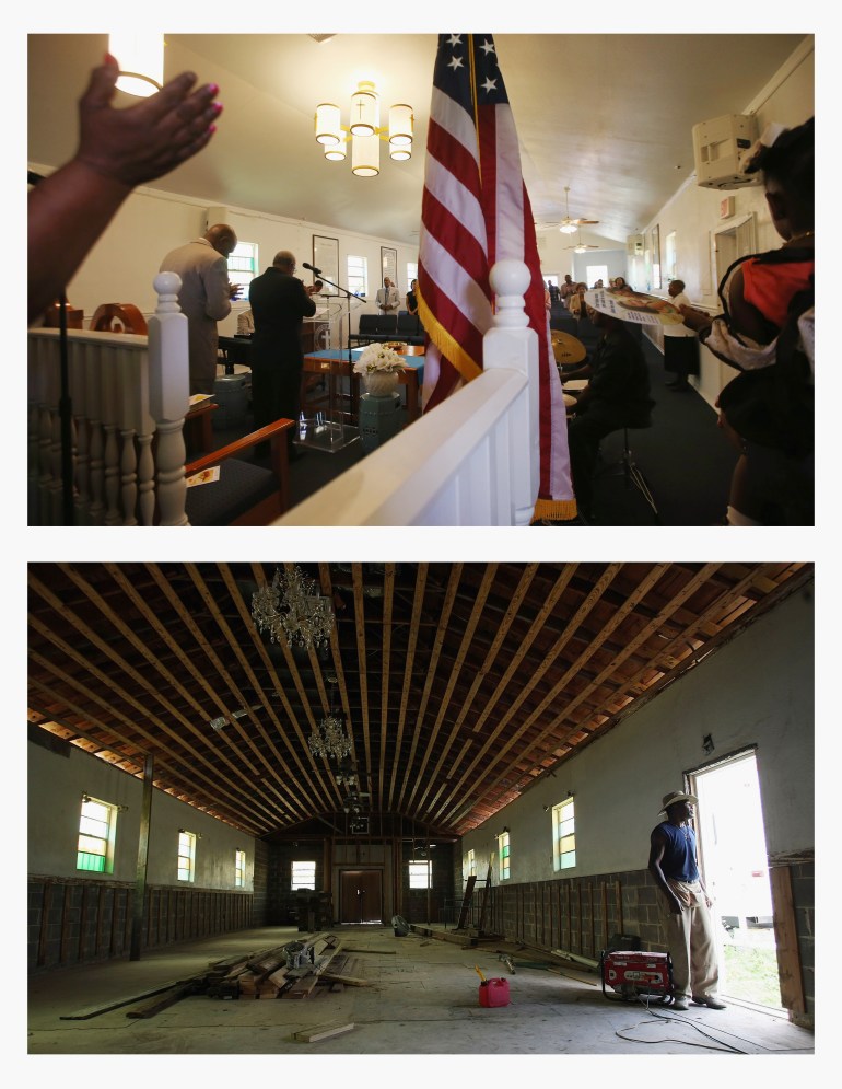 TOP PHOTO: NEW ORLEANS, LA - MAY 10, 2015: Parishioners gather during Sunday services in the rebuilt Christian Community Baptist Church in the Lower Ninth Ward on May 10, 2015 in New Orleans, Louisiana. The tenth anniversary of Hurricane Katrina, which killed at least 1836 and is considered the costliest natural disaster in U.S. history, is August 29. (Photo by Mario Tama/Getty Images) BOTTOM PHOTO: NEW ORLEANS, LA - AUGUST 28, 2007: Duette Sims stands in a doorway of the heavily damaged Christian Community Baptist Church which he is helping to rebuild in the Lower Ninth Ward August 28, 2007 in New Orleans, Louisiana. Sims' own home in the Lower Ninth also heavily damaged in the flooding and he has yet to be able to return home. (Photo by Mario Tama/Getty Images)