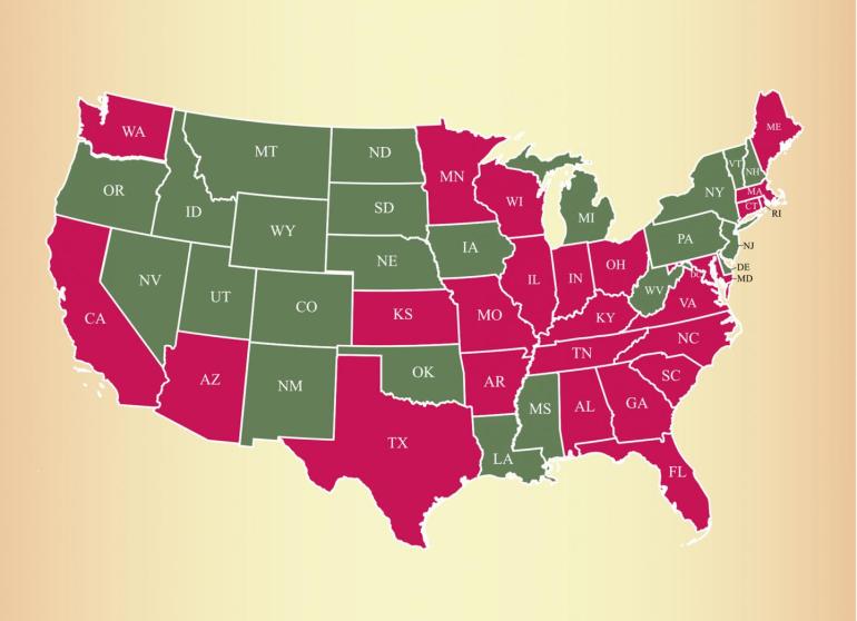 Lice populations in the state in pink have developed a high level of resistance to some of the most common treatments. (Credit: KYONG YOON, PH.D.)