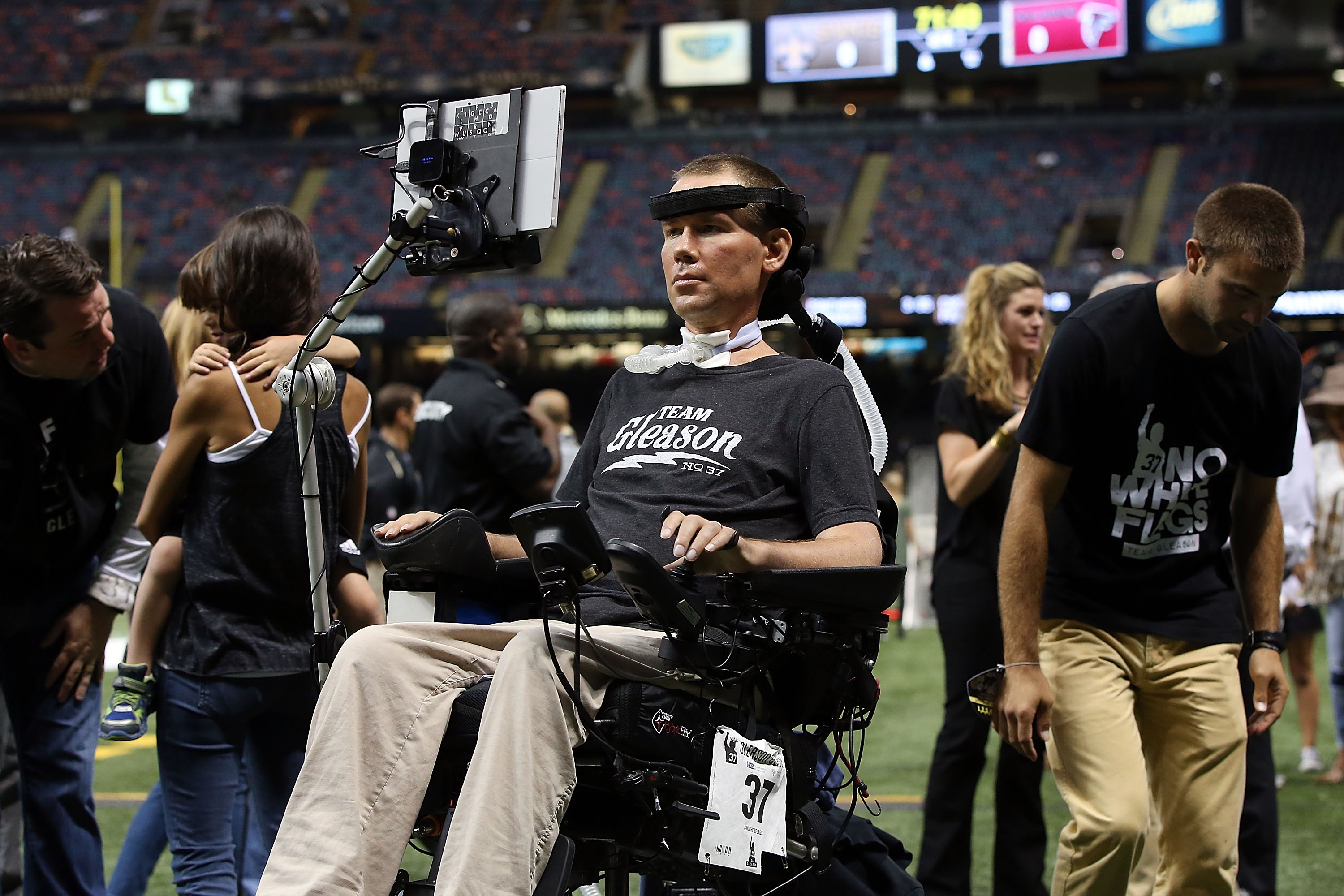 NEW ORLEANS, LA - OCTOBER 15: Former New Orleans Saints player Steve Gleason watches action prior to a game between the New Orleans Saints and the Atlanta Falconsat the Mercedes-Benz Superdome on October 15, 2015 in New Orleans, Louisiana. (Photo by Sean Gardner/Getty Images)