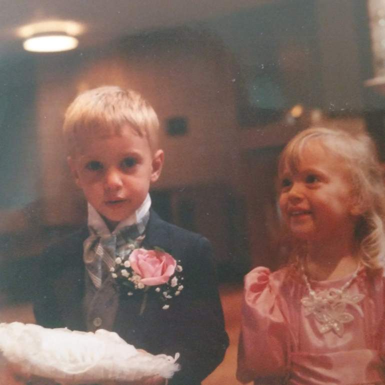 Tanya Sinkovits and her twin, Paul. Age 3. Tanya and Paul were the flower girl and ring bearer at an aunt's wedding.
