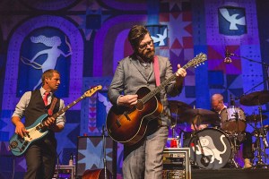 AUSTIN, TX - OCTOBER 03: (L - R) Musician Nate Query, singer-songwriter Colin Meloy, and musician John Moen of The Decemberists perform in concert at ACL Live on October 3, 2015 in Austin, Texas. (Photo by Rick Kern/WireImage)