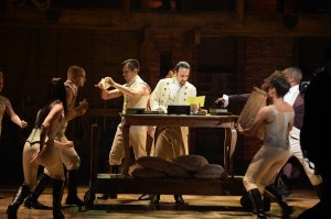 LOS ANGELES, CA - FEBRUARY 15: Actor, composer Lin-Manuel Miranda is seen on stage during "Hamilton" GRAMMY performance for The 58th GRAMMY Awards at Richard Rodgers Theater on February 15, 2016 in Los Angeles City. (Photo by Theo Wargo/WireImage)