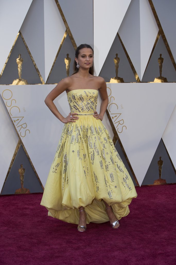 Alicia Vikander arrives at the 88th Academy Awards on Sunday, February 28.