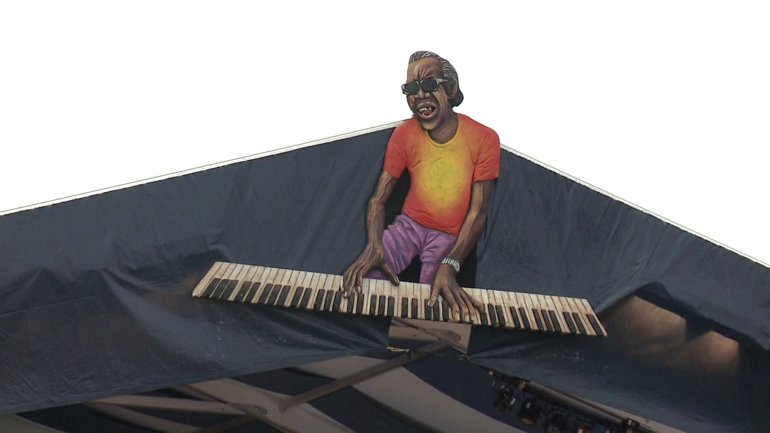 Professor Longhair image over the Acura Stage at the New Orleans Jazz and Heritage Festival