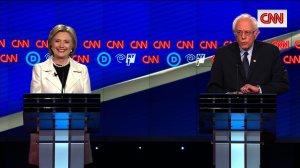 Bernie Sanders and Hillary Clinton at the CNN Democratic Debate in Brooklyn, New York on 4/14/16