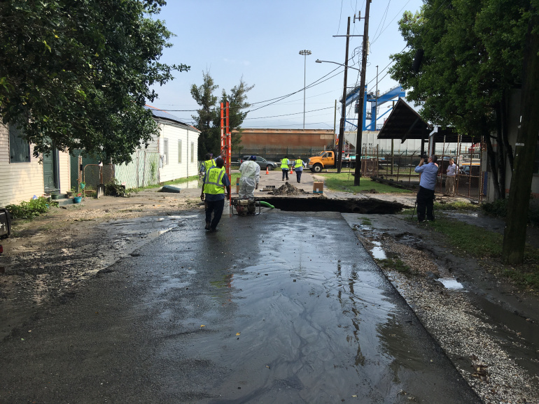 The 15-foot sinkhole that swallowed part of Constantinople Street last week is ready to be repaired, but a timeline for when the road will reopen depends on the weather. 