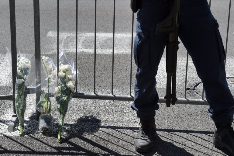This picture taken on July 15, 2016, shows flowers laid at the site where a truck drove into a crowd watching a fireworks display on the Promenade des Anglais seafront in the French Riviera town of Nice on July 15, 2016. (Boris Horvat/AFP/Getty Images)