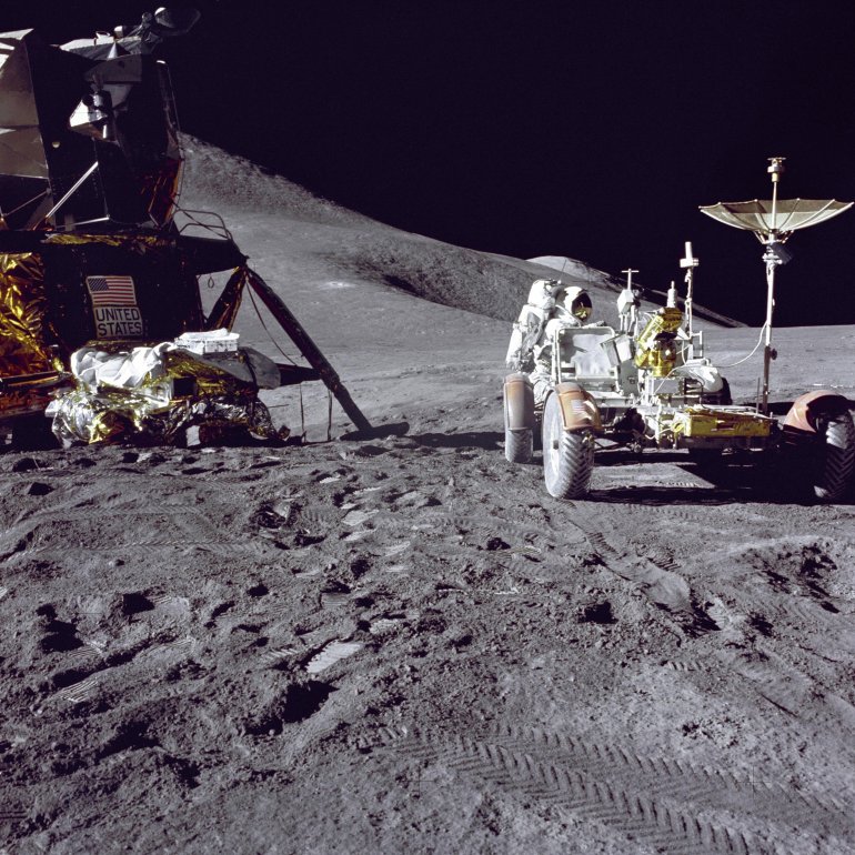 Apollo 15 lunar module pilot Jim Irwin loaded the lunar rover with tools and equipment in preparation for the first lunar spacewalk at the Hadley-Apennine landing site. The Lunar Module 'Falcon' appears on the left in this image. The undeployed Laser Ranging Retro-Reflector lies atop Falcon's Modular Equipment Stowage Assembly. Apollo 15 launched 40 years ago, on July 26, 1971, from Launch Pad 39A at the Kennedy Space Center.