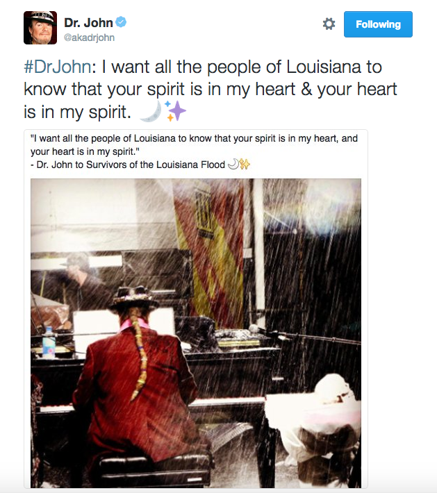 Dr. John sends love to the victims of recent flooding in Louisiana (Dr. John Twitter)