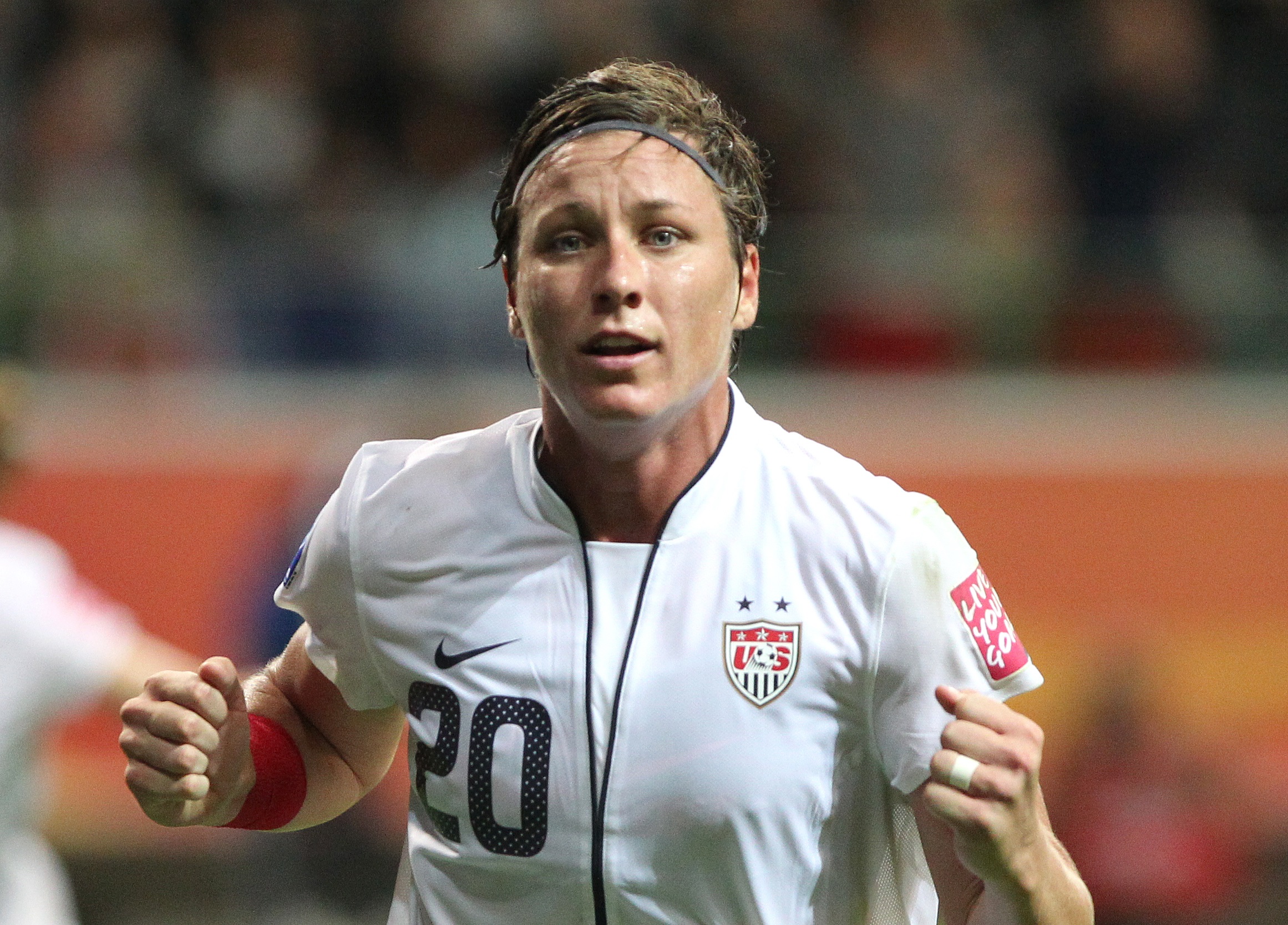 USA's striker Abby Wambach celebrates scoring during the FIFA Women's Football World Cup final match Japan vs USA on July 17, 2011 in Frankfurt am Main, western Germany. Japan won 3-1 in a penalty shoot-out after the final had finished 2-2 following extra-time. AFP PHOTO / DANIEL ROLAND (Photo credit should read DANIEL ROLAND/AFP/Getty Images)