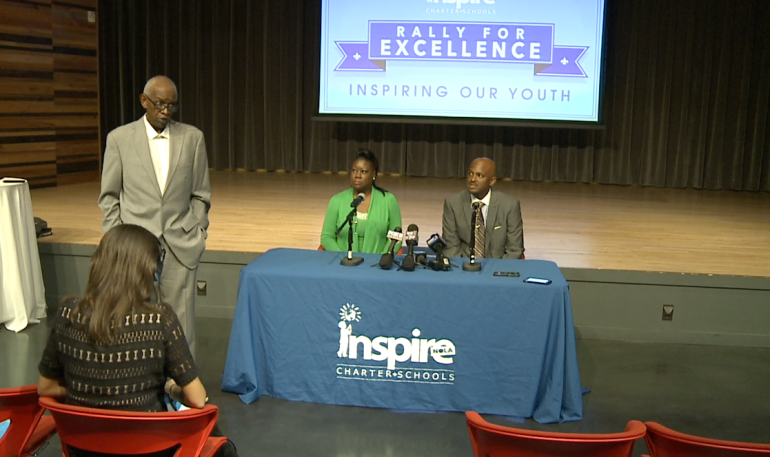 Bill Roussell of Bright Moments, Sabina Fulton, and Jamar McNeilly of InspireNOLA Charter Schools (WGNO-TV)