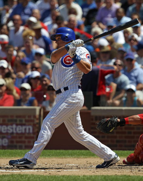 CHICAGO - JULY 16: Ryan Theriot #2 of the Chicago Cubs takes a swing against the Philadelphia Phillies at Wrigley Field on July 16, 2010 in Chicago, Illinois. The Cubs defeated the Phillies 4-3. (Photo by Jonathan Daniel/Getty Images)
