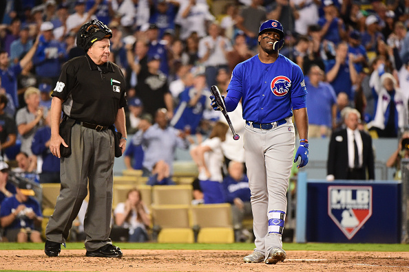 LOS ANGELES, CA - OCTOBER 18: Jorge Soler #68 of the Chicago Cubs reacts after striking out against the Los Angeles Dodgers in the fourth inning of game three of the National League Championship Series at Dodger Stadium on October 18, 2016 in Los Angeles, California. (Photo by Harry How/Getty Images)