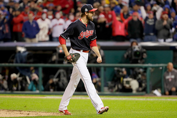 CLEVELAND, OH - OCTOBER 25: Andrew Miller #24 of the Cleveland Indians reacts after striking out Kyle Schwarber #12 of the Chicago Cubs (not pictured) to end the top of the eighth inning in Game One of the 2016 World Series at Progressive Field on October 25, 2016 in Cleveland, Ohio. (Photo by Jamie Squire/Getty Images)