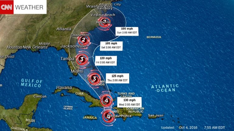 Hurricane Matthew makes landfall in Les Cayes, Haiti on October 4, 2016. It's too soon to know exactly where it will be in a few days, or how hard it will hit the United States. But the storm's latest track shows it making a westward turn toward the US East Coast. And officials in several states in that region say they're not taking any chances.