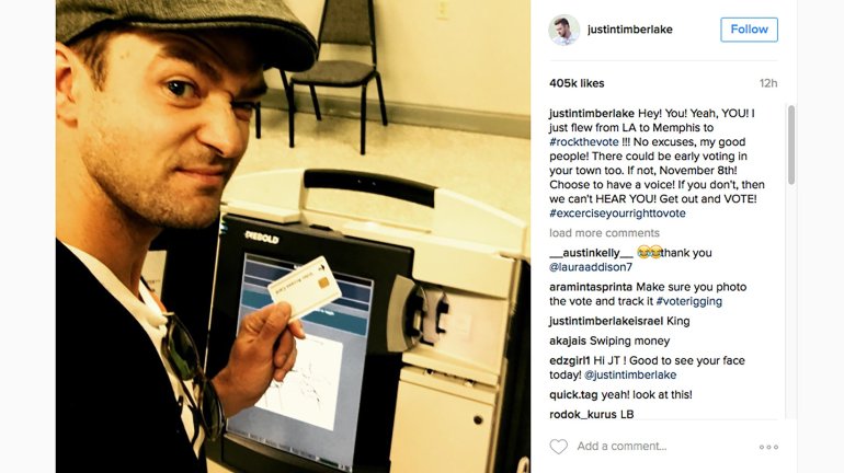 Justin Timberlake flew home to Tennessee to take advantage of early voting in his hometown of Memphis. He took a selfie of himself, but ballot selfies are prohibited in Tennessee.