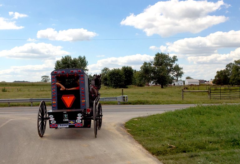 An Amish buggy with a sticker in support of Republican US presidential nominee Donald Trump drives down a road in rural Lancaster, Pennsylvania. / AFP / Daniel SLIM (Photo credit should read DANIEL SLIM/AFP/Getty Images)