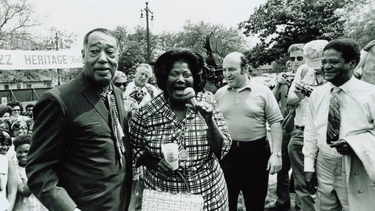 Duke Ellington, Mahalia Jackson, and George Wein at the New Orleans Jazz and Heritage Festival, 1970 (The Historic New Orleans Collection)