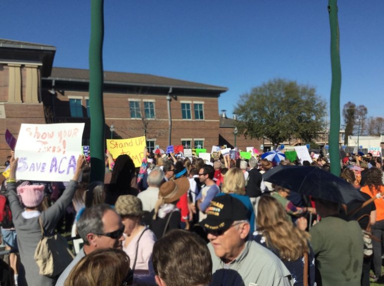 Large crowd of protesters gather outside U.S. Sen. Bill Cassidy's town hall meeting 