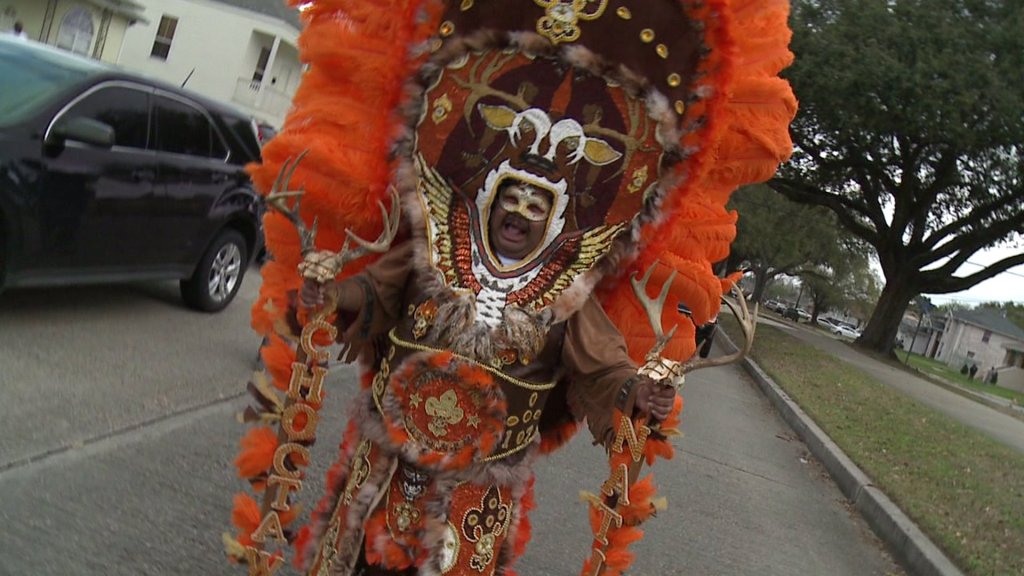 Chief Glenn Laugand of the Louisiana Star Choctaw Nation Mardi Gras Indian Tribe (WGNO-TV February 28, 2017)