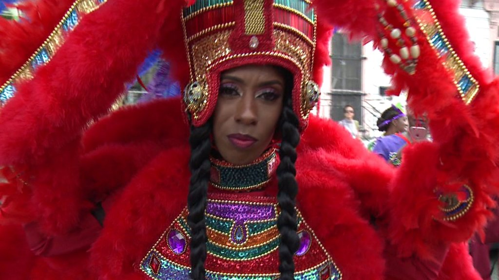 Queen of the Monogram Hunters Mardi Gras Indian Tribe (WGNO-TV February 28, 2017)