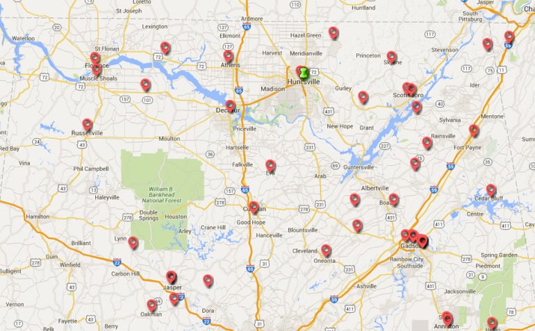 Each of these red markers represents a community health clinic in north Alabama. Visit findahealthcenter.hrsa.gov/ for more information - you can search near your zip code.