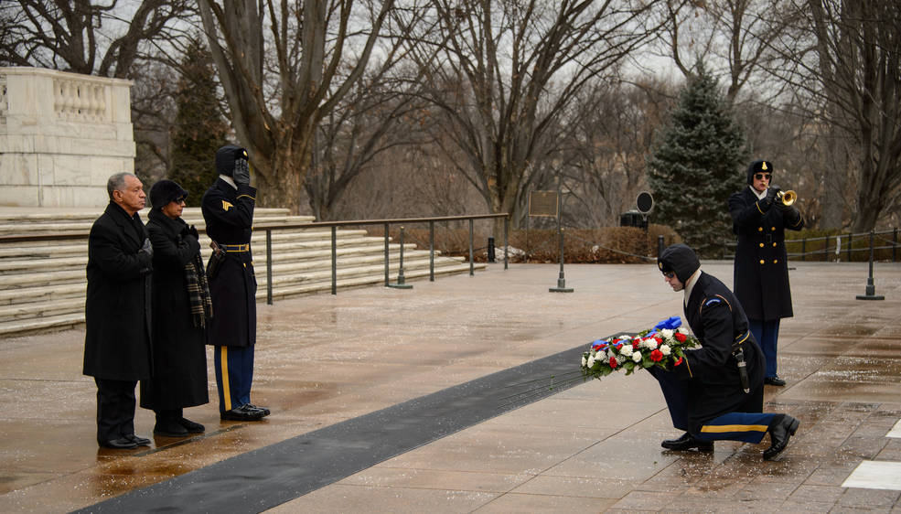 NASA Administrator Charles Bolden and his wife Alexis lay a wreath at the Tomb of the Unknowns as part of NASA's Day of Remembrance, Friday, Jan. 31, 2014, at Arlington National Cemetery. The wreaths were laid in memory of those men and women who lost their lives in the quest for space exploration. Photo Credit: (NASA/Bill Ingalls)