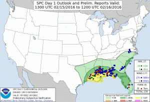 The convective outlook issued at 7 a.m. Monday, February 15 with storm reports overlayed (Image: Storm Prediction Center)