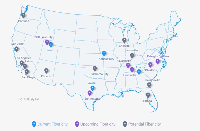 Google Fiber cities (Image: fiber.google.com)