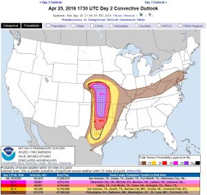 Probabilistic outlook regarding the severe weather threat in the Great Plains 7 a.m. Tuesday through 7 a.m. Wednesday (Source: Storm Prediction Center)