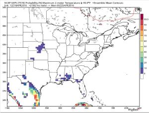 Probability of 90° or higher temperatures on April 25. (Image: WeatherBell)
