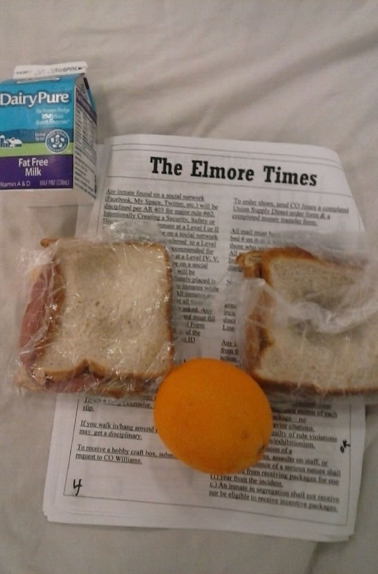 This meal served at the Elmore Correctional Facility consisted of two sandwiches, a small orange and a small carton of milk. (Photo provided by inmate)